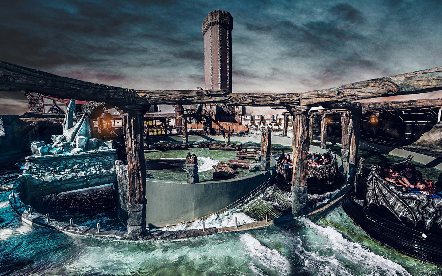 Phantasialand Wildwasser-Rafting, Wasser-Attraktion River Quest und Bungee Drop Tower Mystery Castle